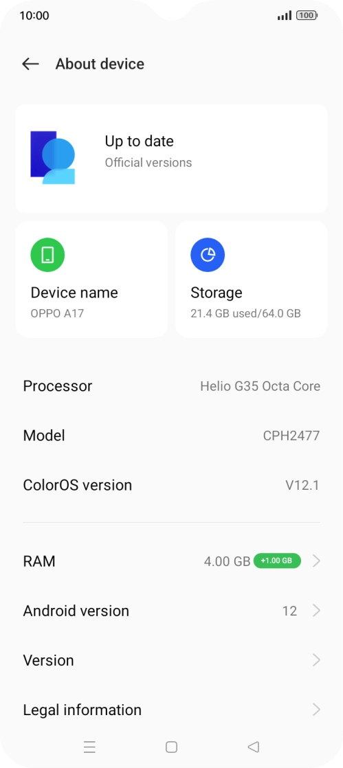 Press ColorOS version. If a new software version is available, it's displayed. Follow the instructions on the screen to update the phone software.