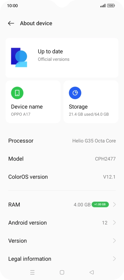 Press ColorOS version. If a new software version is available, it's displayed. Follow the instructions on the screen to update the phone software.