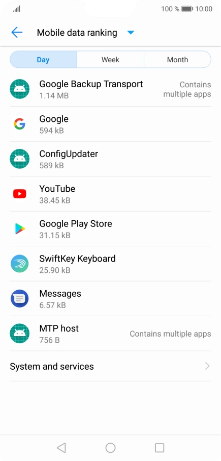 The data usage for each application is displayed below the name of the application.