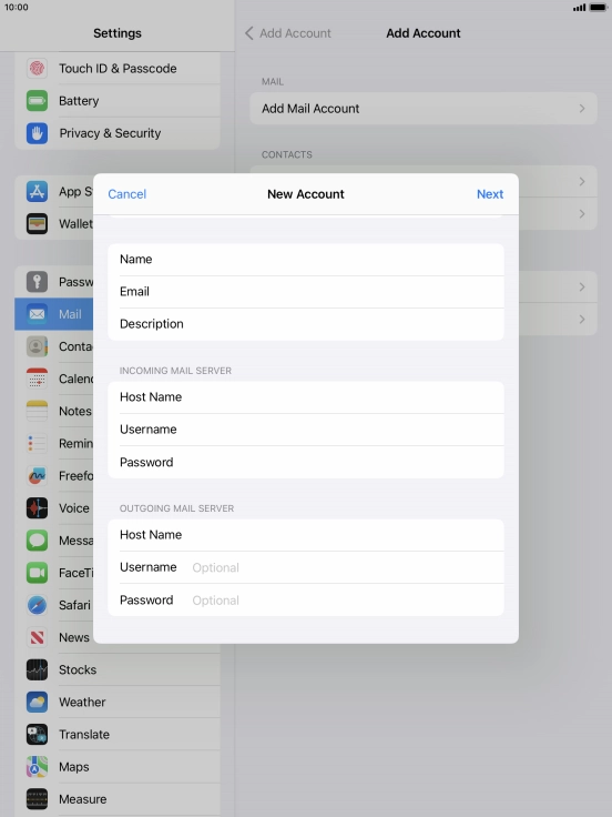Press Username and key in the username for your email account.