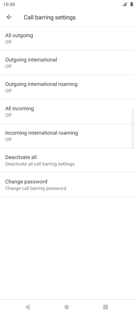 Press the required barring type to turn the function on or off.