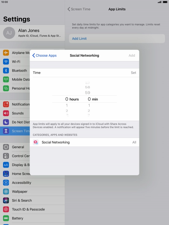 Set the required time limit for use of the selected category.