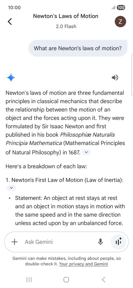 Transcription of the conversation with Gemini Live is now displayed.