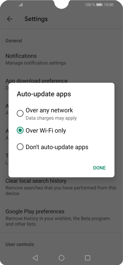 To turn on automatic update of apps using mobile network, press Over any network.