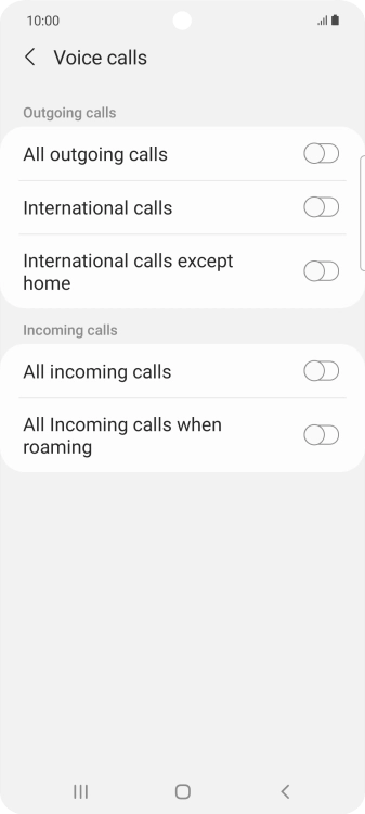 Press the indicator next to the required barring type to turn the function on or off.