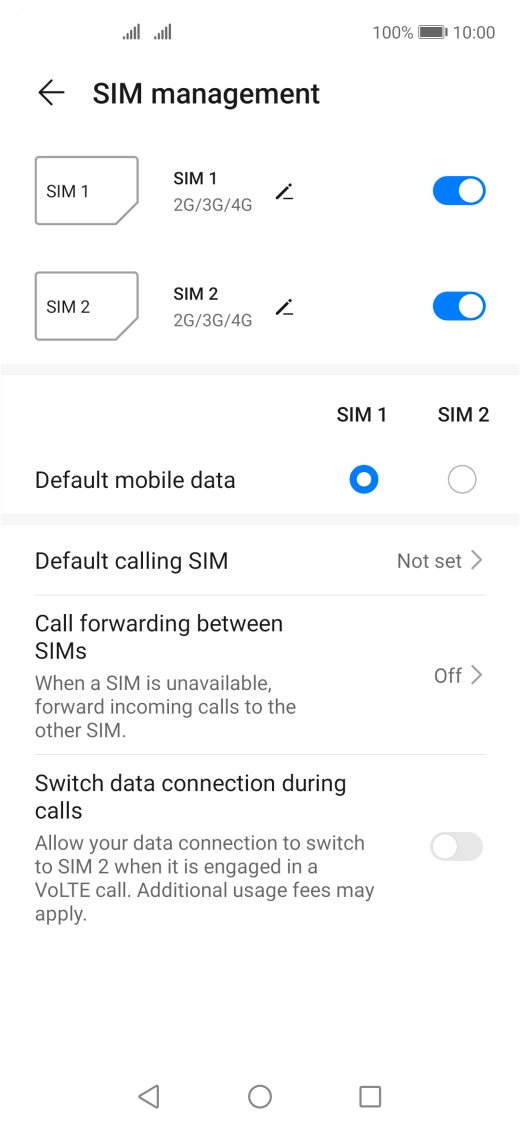 Press the indicator next to the required SIM to turn use of the SIM on or off.
