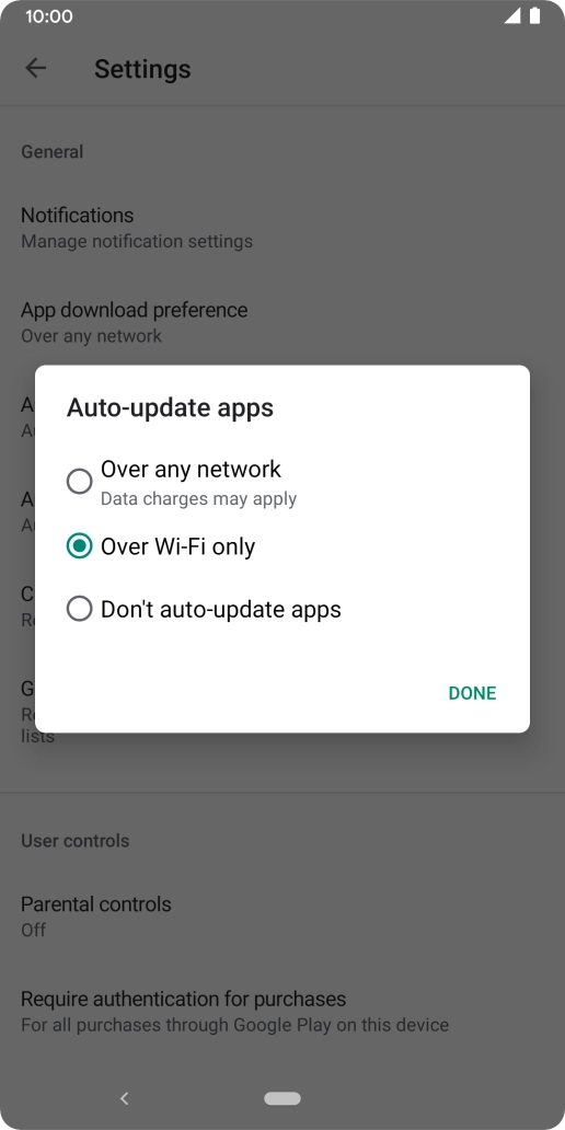 To turn on automatic update of apps using mobile network, press Over any network.
