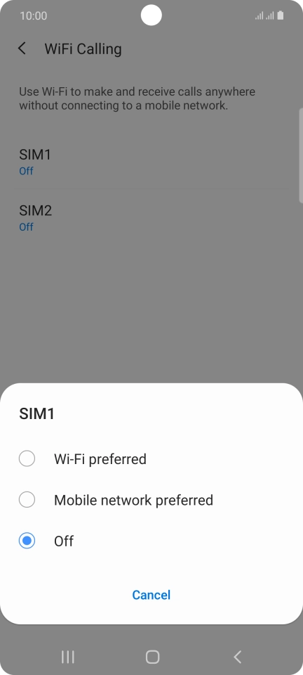 Press the required setting.