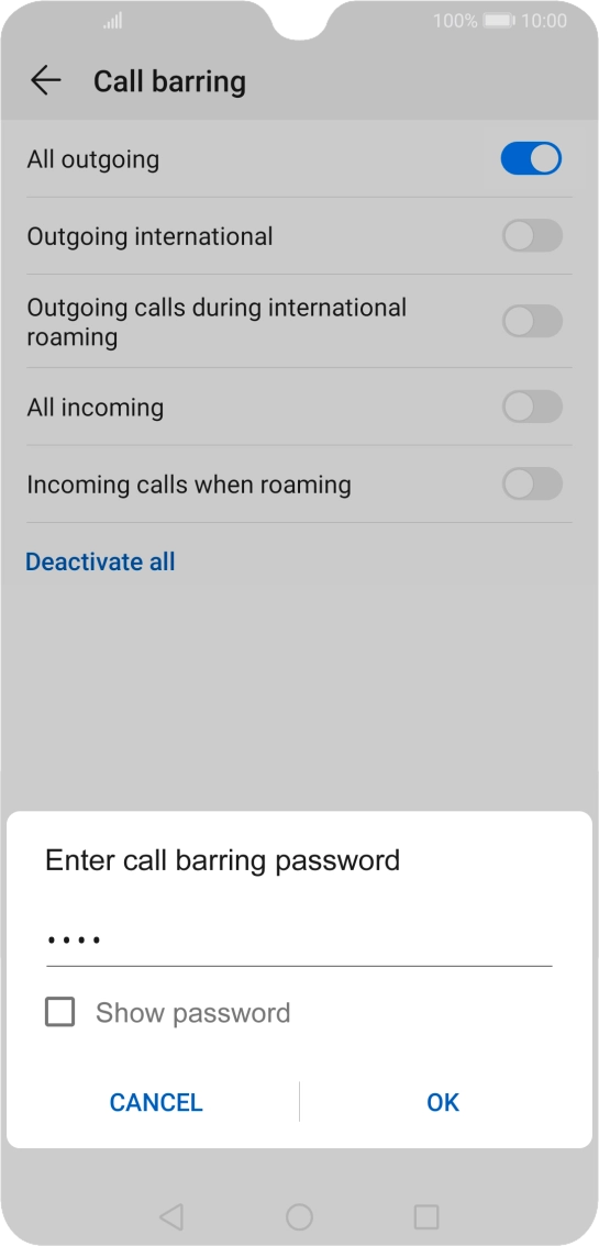 Key in your barring password and press OK.