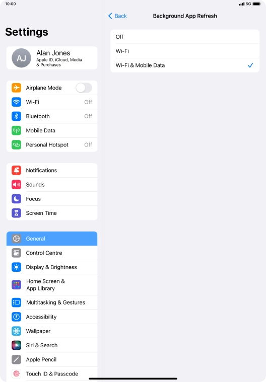 To turn off background refresh of apps, press Off.