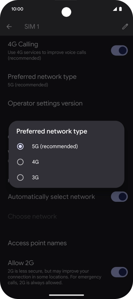 Press the required network mode.