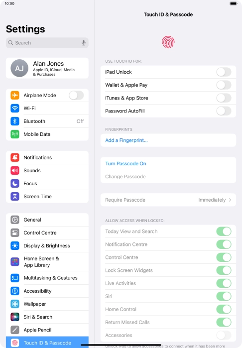 Press Turn Passcode On and key in a lock code of your own choice twice.
