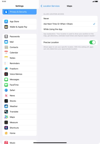 Press the required setting to turn the function on or off.