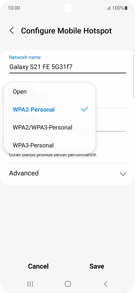 Press WPA3-Personal to password protect your Wi-Fi hotspot.