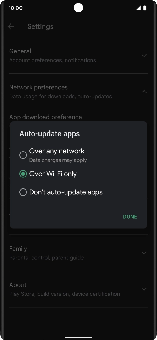 To turn on automatic update of apps using mobile network, press Over any network.