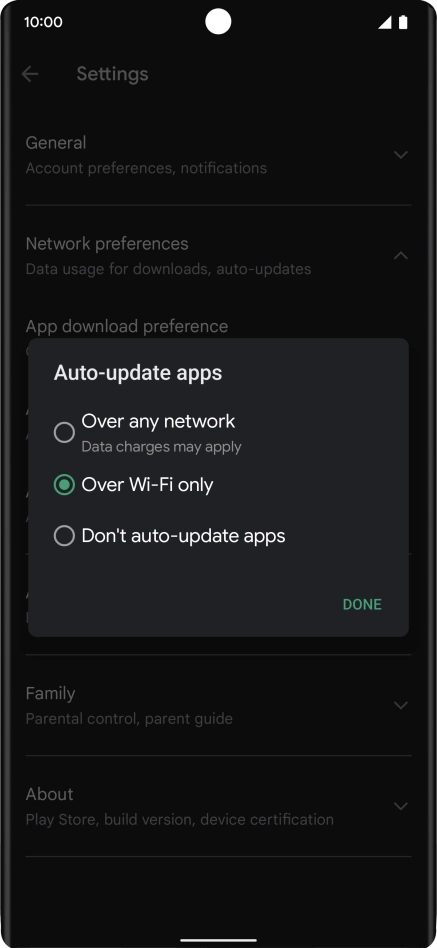 To turn on automatic update of apps using mobile network, press Over any network.