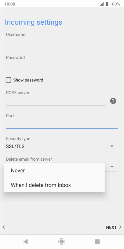 Press Never to keep email messages on the server when you delete them on your phone.