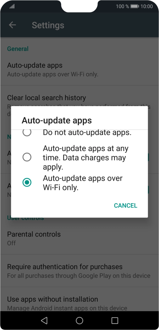 To turn on automatic update of apps using mobile network, press Auto-update apps at any time. Data charges may apply..