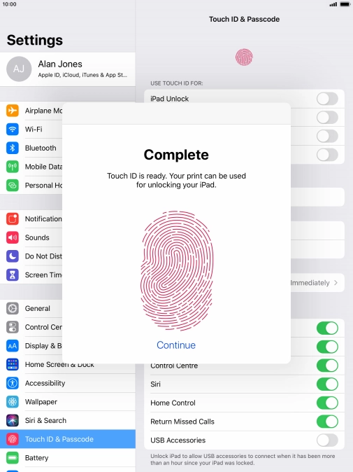 Press Continue. If you haven't previously selected a lock code, key in a code of your own choice twice.