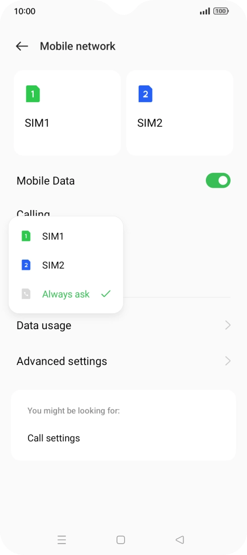 Press the required setting.