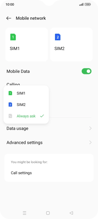 Press the required setting.