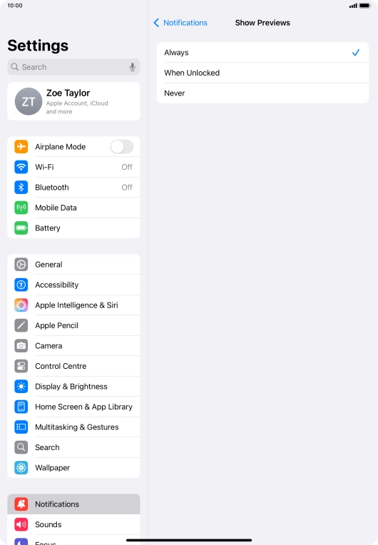 To select notification preview on the lock screen, press Always.