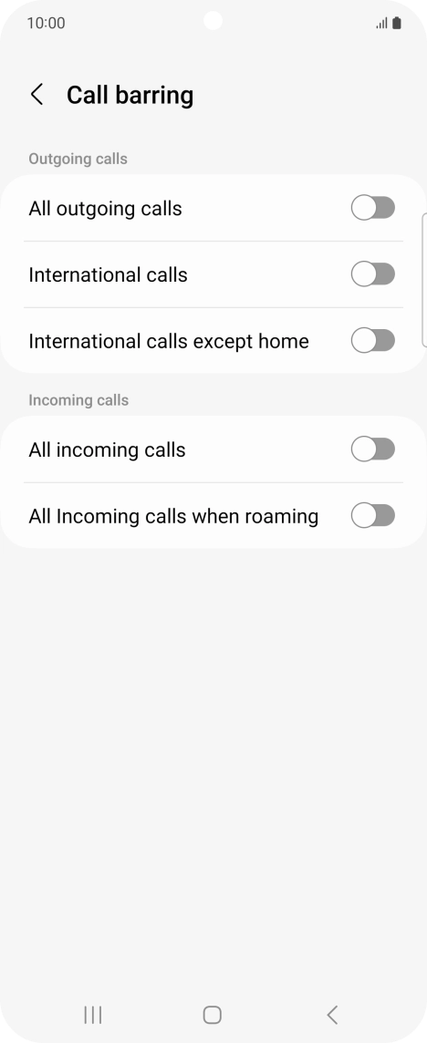 Press the indicator next to the required barring type to turn the function on or off.