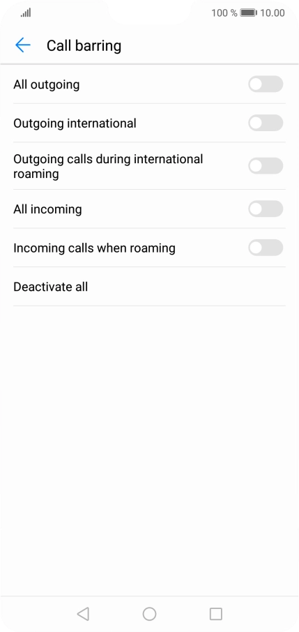 Press the indicator next to the required barring type to turn the function on or off.