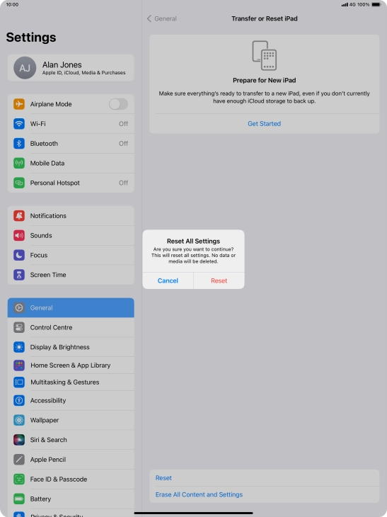 Press Reset. Wait a moment while the factory default settings are restored. Follow the instructions on the screen to set up your tablet and prepare it for use.
