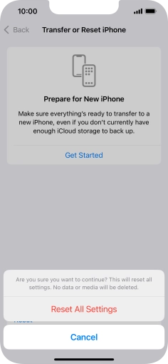 Press Reset All Settings. Wait a moment while the factory default settings are restored. Follow the instructions on the screen to set up your phone and prepare it for use.