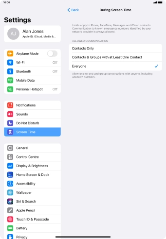 Press the required setting.