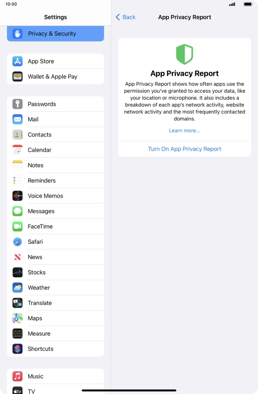 Press Turn On App Privacy Report to turn on the function.