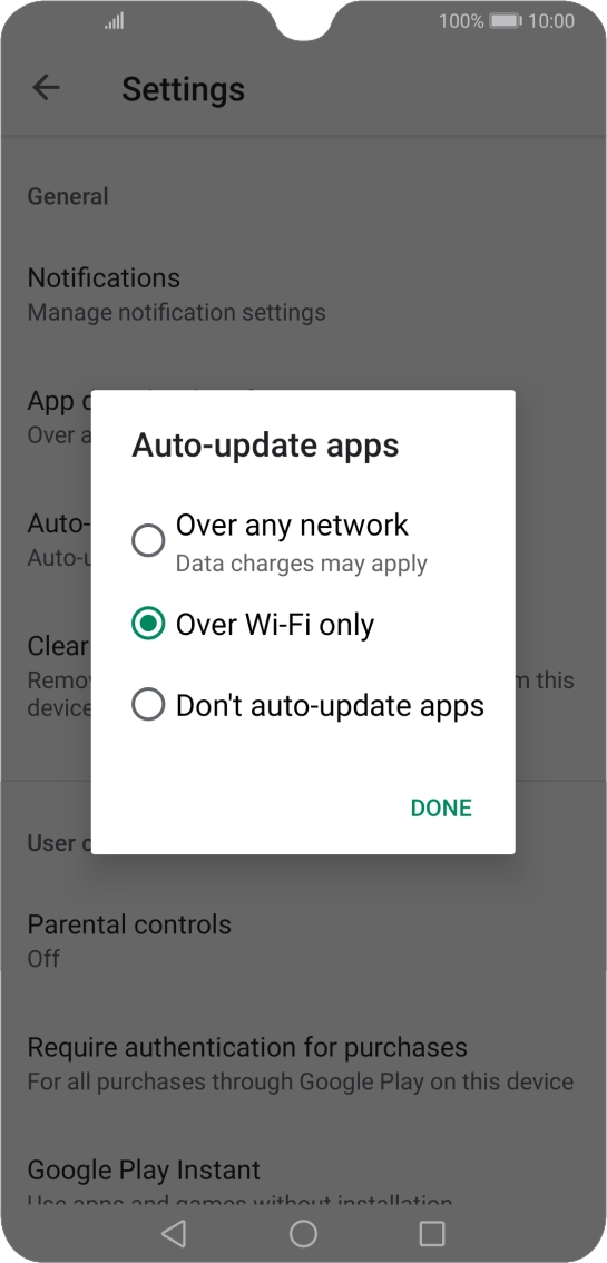 To turn on automatic update of apps using mobile network, press Over any network.