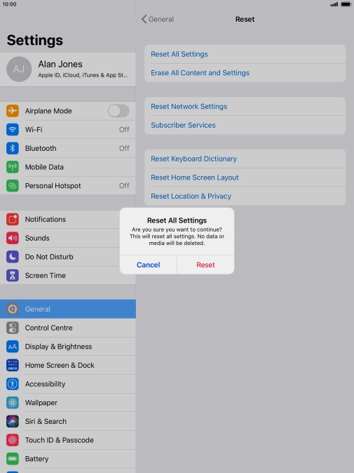 Press Reset. Wait a moment while the factory default settings are restored. Follow the instructions on the screen to set up your tablet and prepare it for use.