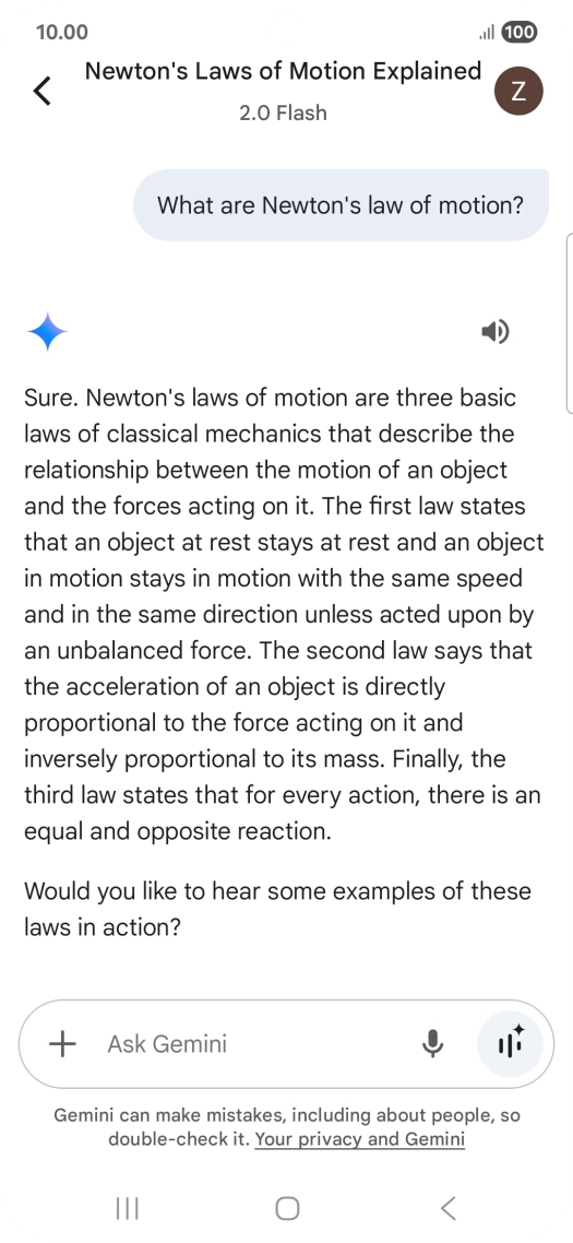 Transcription of the conversation with Gemini Live is now displayed.