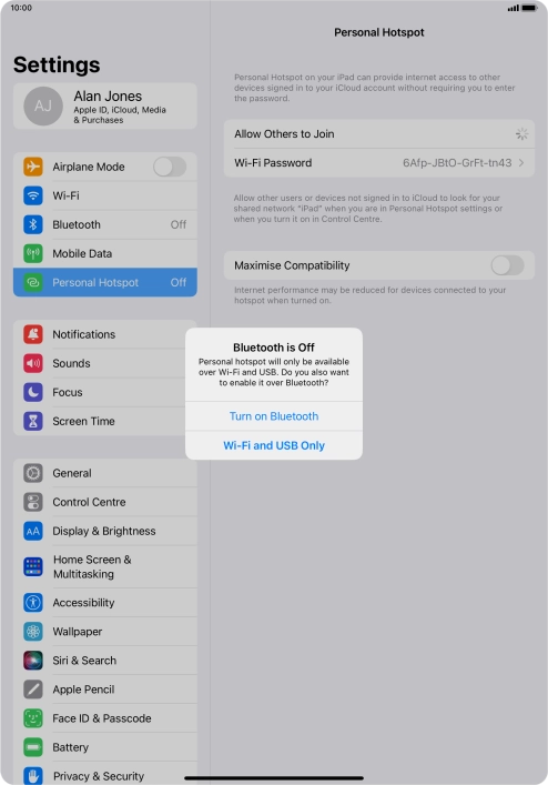 If Wi-Fi is turned on, press Wi-Fi and USB Only.