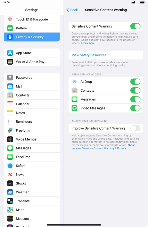 Press the indicators next to the required applications to turn the function on or off.