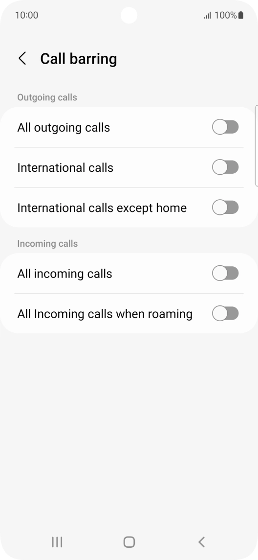 Press the indicator next to the required barring type to turn the function on or off.