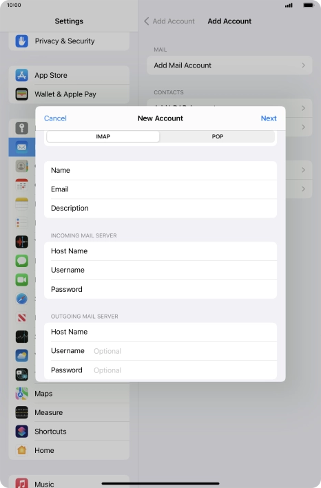 Press Username and key in the username for your email account.