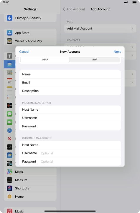Press Username and key in the username for your email account.
