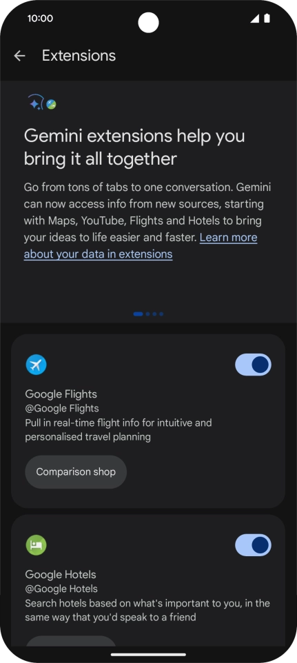 Press the indicator next to the required extension to turn on the function.