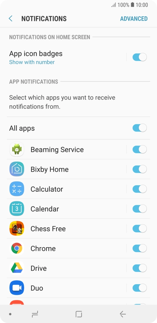 Press the indicator next to the required app to turn the function on or off.