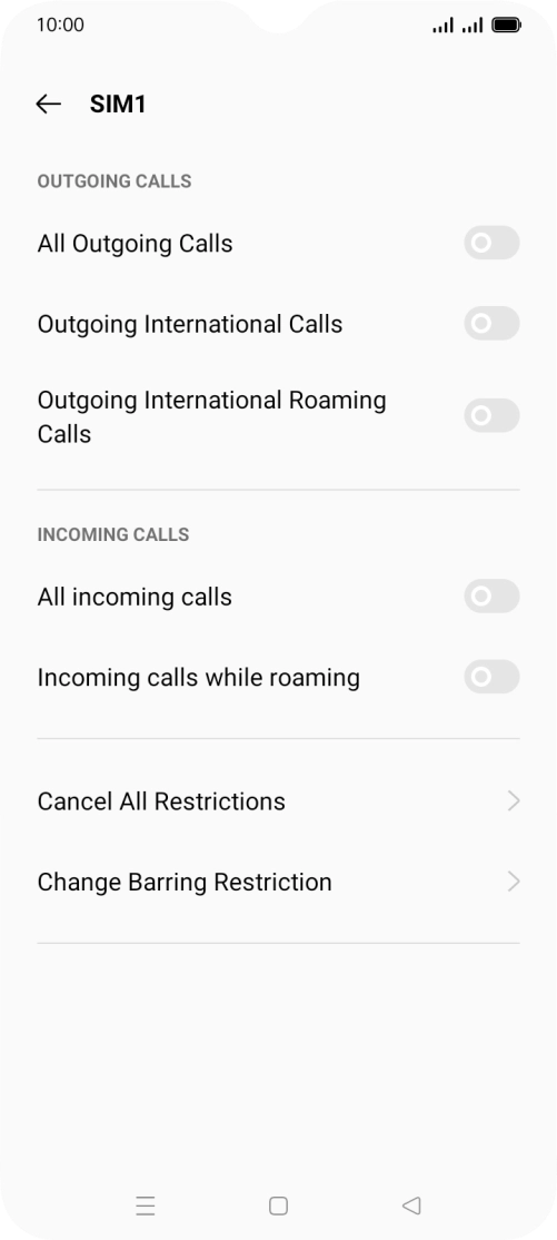 Press the indicator next to the required barring type to turn the function on or off.