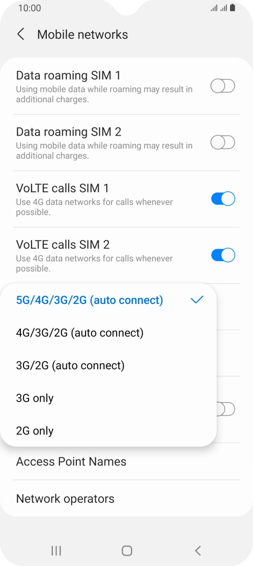 Press the required network mode.