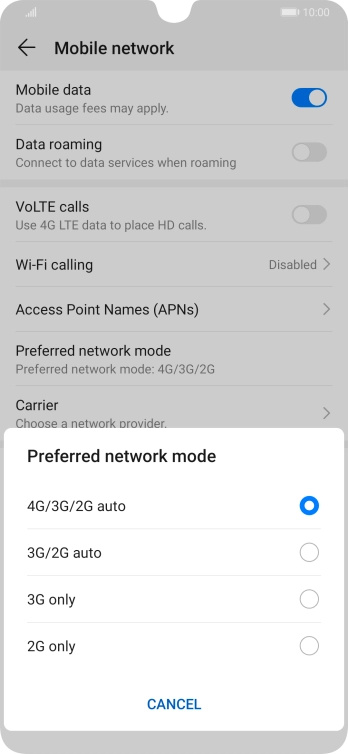 Press the required network mode.