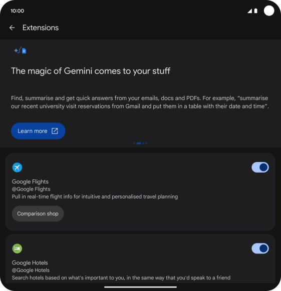Press the indicator next to the required extension to turn on the function.