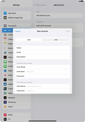 Press Username and key in the username for your email account.