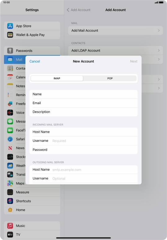 Press Username and key in the username for your email account.