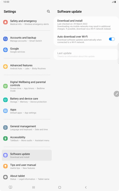 Press Download and install. If a new software version is available, it's displayed. Follow the instructions on the screen to update the tablet software.