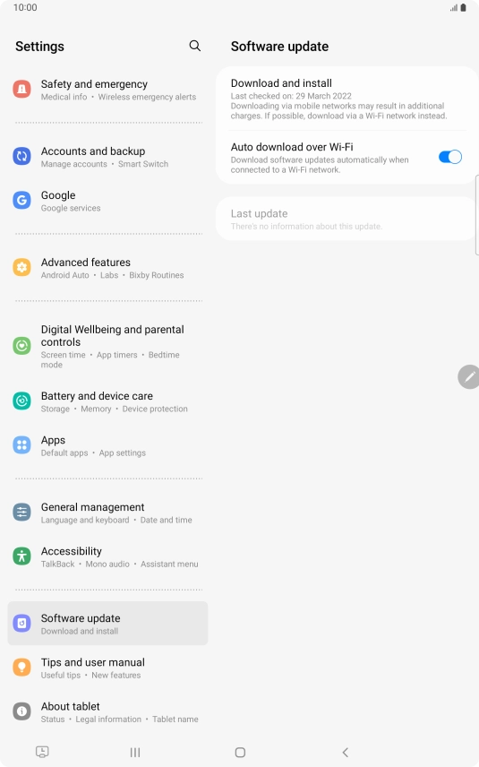 Press Download and install. If a new software version is available, it's displayed. Follow the instructions on the screen to update the tablet software.